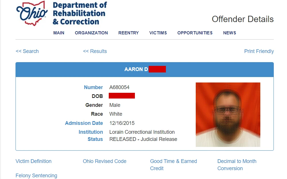 A screenshot of the offender search tool to find information about inmates currently incarcerated in a state jail or who are under the supervision of the department.