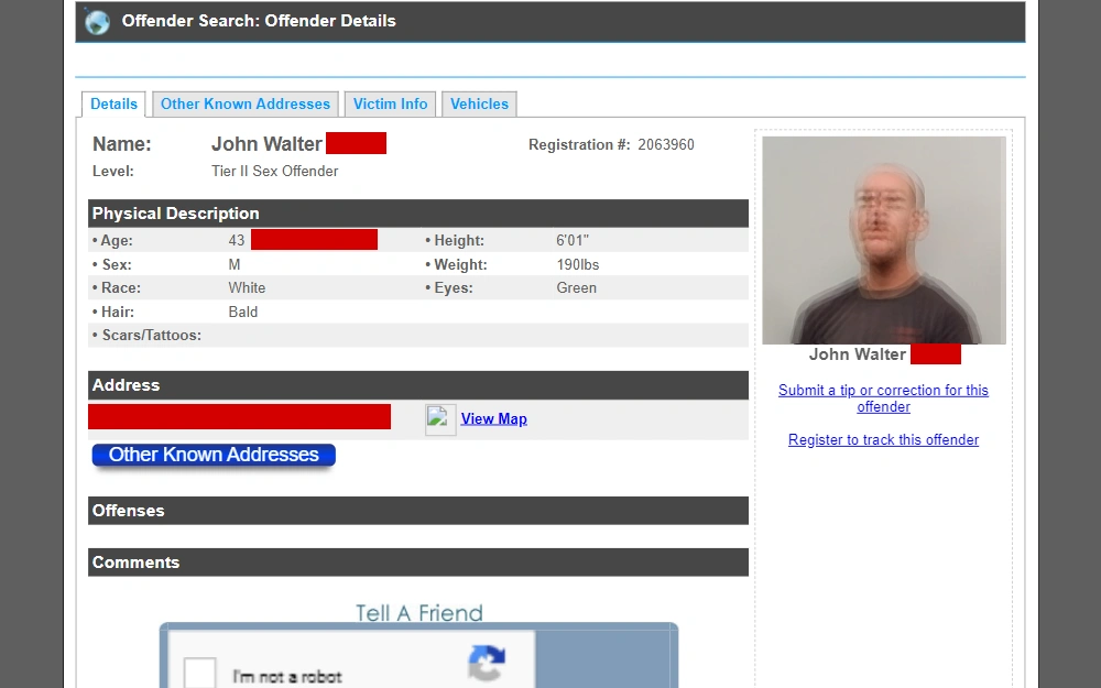 A screenshot of the search tool that provides the public with a free sex offender registry search that shows offenders located within a one-mile radius of a given address.