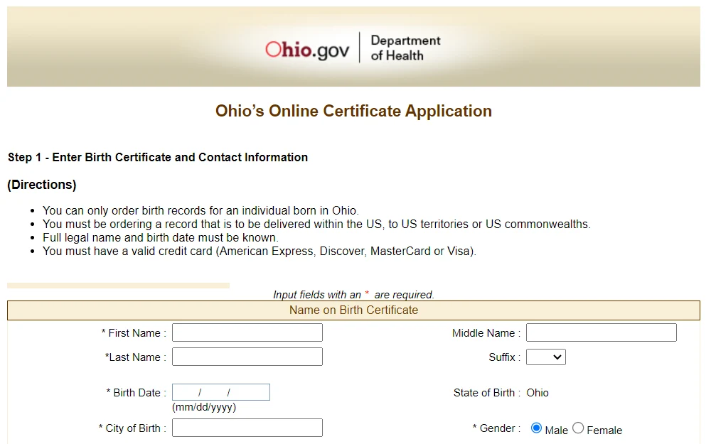 A screenshot of the online application form used to obtain birth licenses in Ohio.