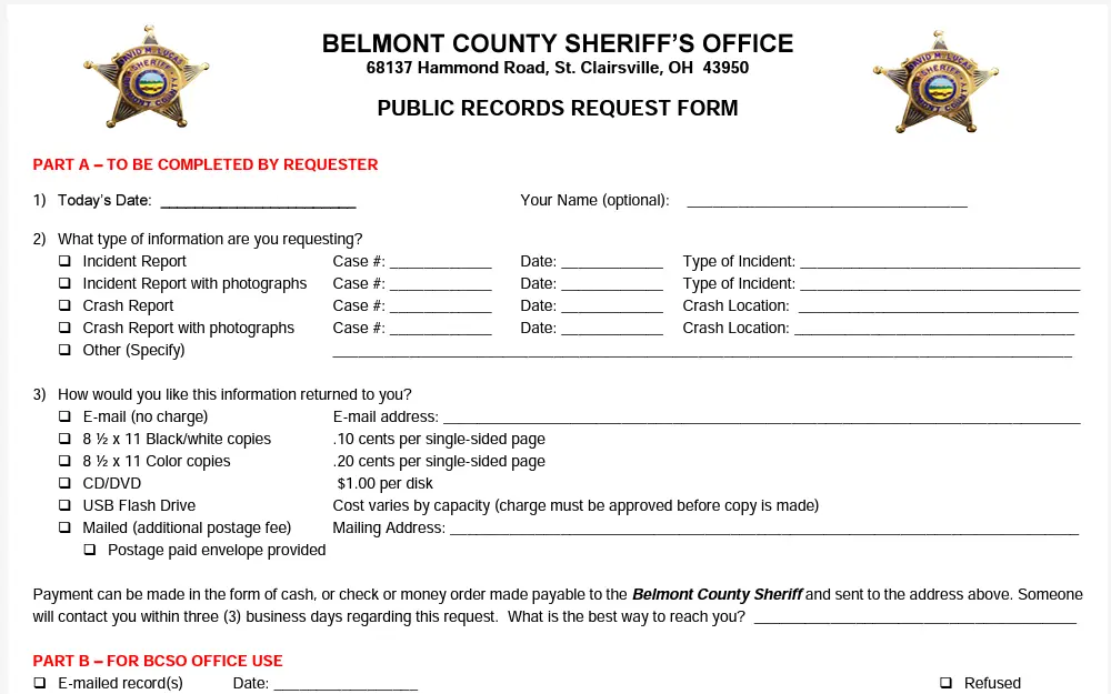 A screenshot of the form used to obtain police reports.