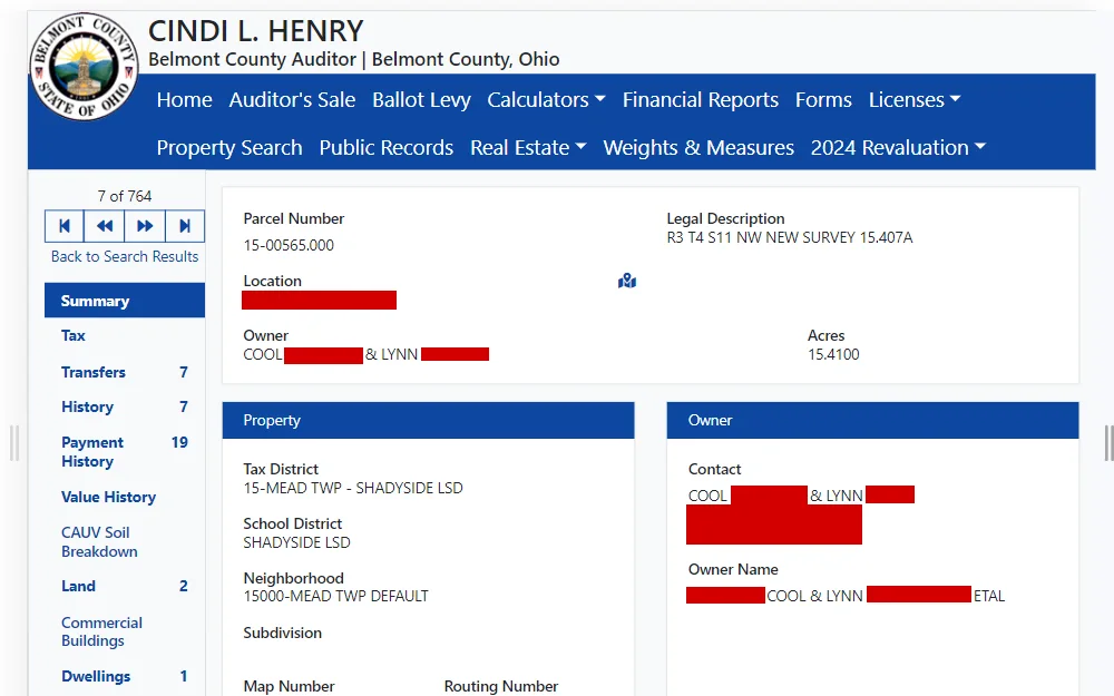 A screenshot of the search tool that allows members of the general public to locate properties by owner, location, parcel number, sales, or by listed or deeded name.