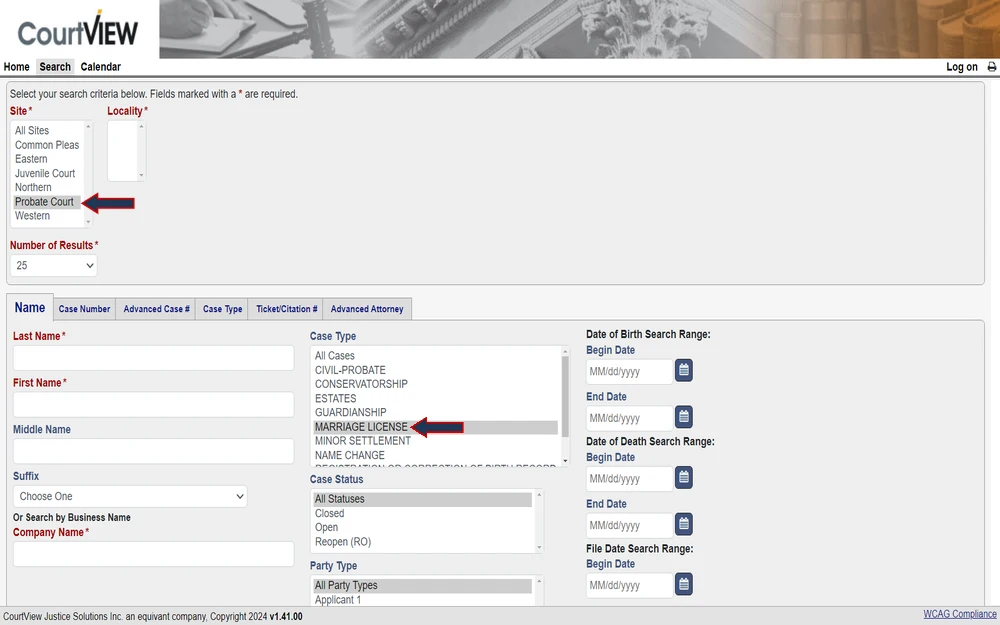 A search interface with various fields for inputting search criteria, including last name, first name, case type, and date range filters, as well as options to select court locality and the number of results to display.