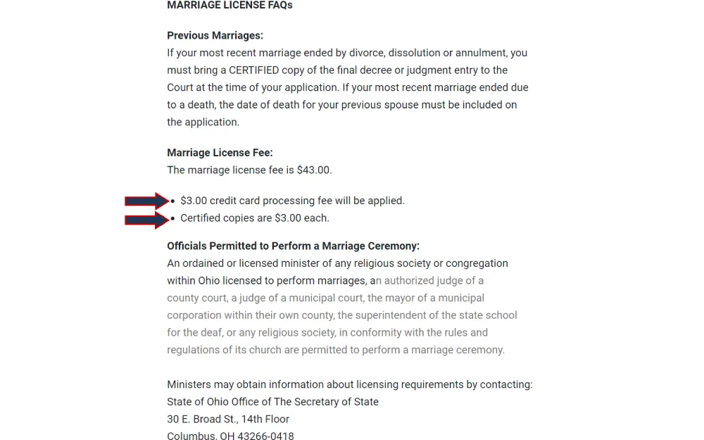 A screenshot contains frequently asked questions regarding marriage licenses, including guidance on the documentation required for those with previous marriages, the cost of a marriage license, additional fees for credit card processing and certified copies, and a list of officials authorized to conduct a marriage ceremony.